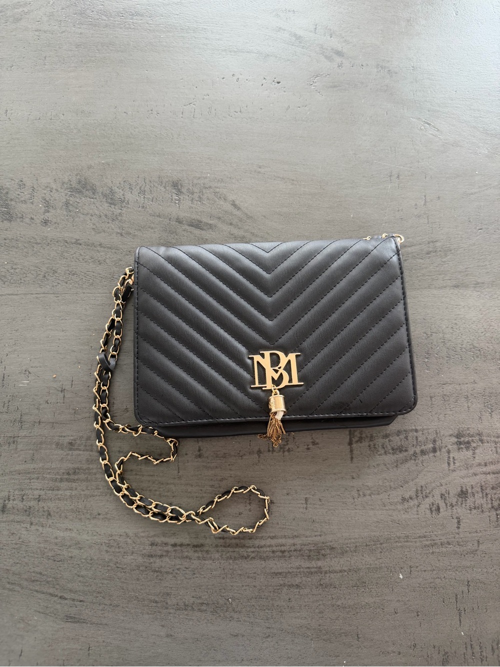 Badgley Mischka Black Chevron Quilted Crossbody with Gold Chain